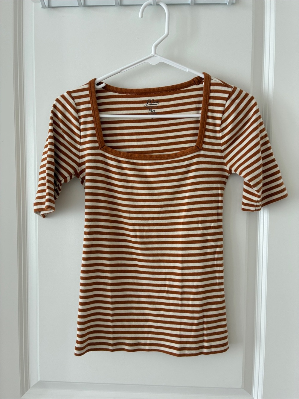 J. Crew Striped Square-Neck Short Sleeve Top in Brown and Cream